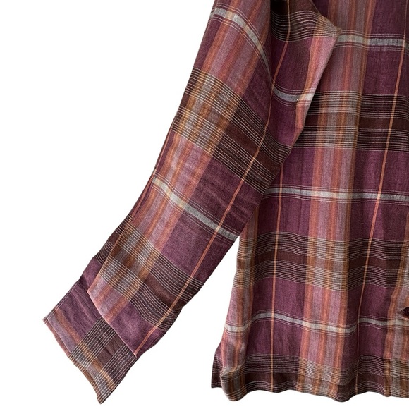 FACONNABLE | PURE LINEN TUNIC SHIRT PLAID LONG SLEEVE BUTTON FRONT PLUM | LARGE - Picture 2 of 9